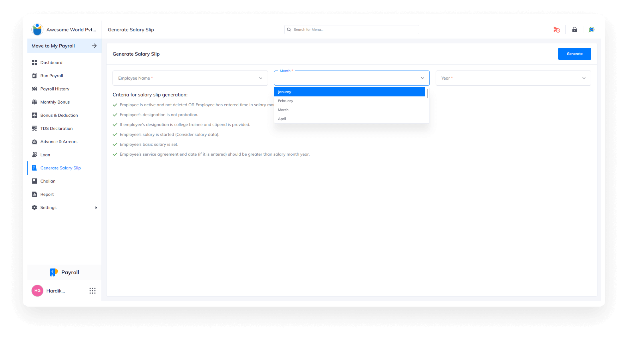 customizable payslip generation